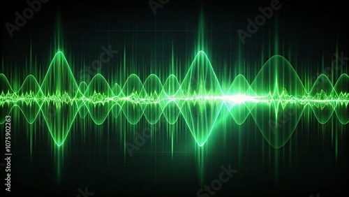 Green audio wave visualization on dark background, sound, music, visual, digital, technology, abstract, waveforms