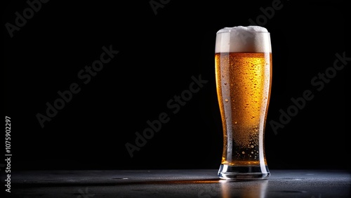 Glass of cold beer with water drops on black background, beer, glass, cold, craft, refreshing, alcoholic beverage, drink