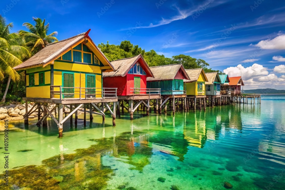 Fototapeta premium Stunning Aerial View of Stilted Cottages Over Crystal Clear Waters at Calatagan Beach Resort, Showcasing the Perfect Tropical Getaway and Serenity of Nature in the Philippines