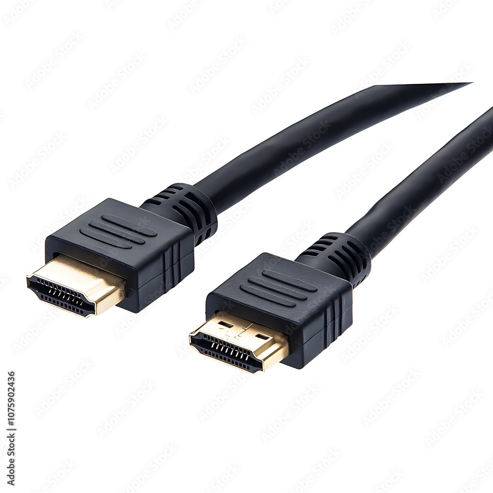 A black HDMI cable with connectors on both ends, used for transmitting high-definition audio and video signals. A black HDMI cable with connectors on both ends, used for transmitting high-definition audio and video signals.