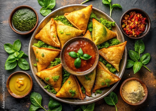 Wallpaper Mural An enticing aerial view of crispy samosas, beautifully surrounded by vibrant dips and fresh ingredients, appealing to food lovers and culinary enthusiasts everywhere. Torontodigital.ca