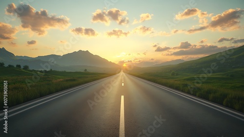 Road in the grassland at sunset Landscape with road and sky