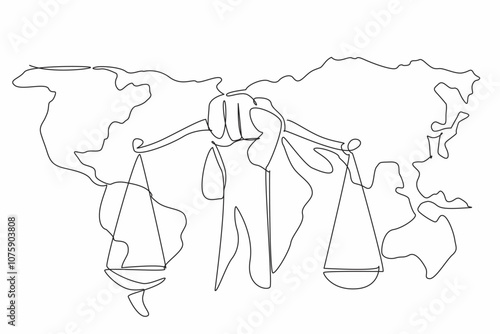 Single continuous line drawing a scale of justice hold in hand with world map background. Justice on entire world. Global. Equality. World Day of Social Justice. One line design vector illustration