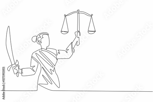 Continuous one line drawing themis holds a sword in one hand and holds scales in the other. The concept of the justice of law. World Day of Social Justice. Single line draw design vector illustration