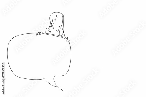 Single one line drawing adult woman emerges from behind large callout. Curiosity, mystery, and a desire to communicate. International Mother Language Day. Continuous line design graphic illustration