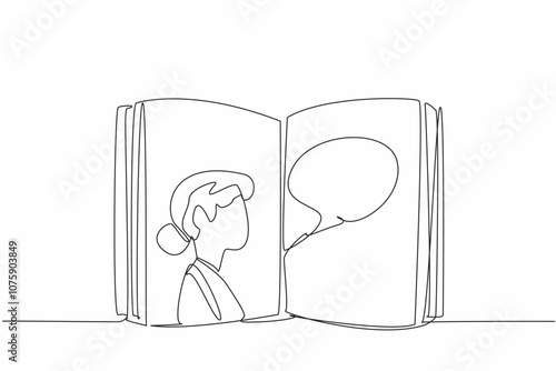 Continuous one line drawing an open book with a woman's face on one page. Connection between the reader and the author. International Mother Language Day. Single line draw design vector illustration