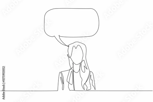 Single continuous line drawing callout above adult woman. Internal monologue of a character. Thought. Feeling. Contemplation. International Mother Language Day. One line design vector illustration