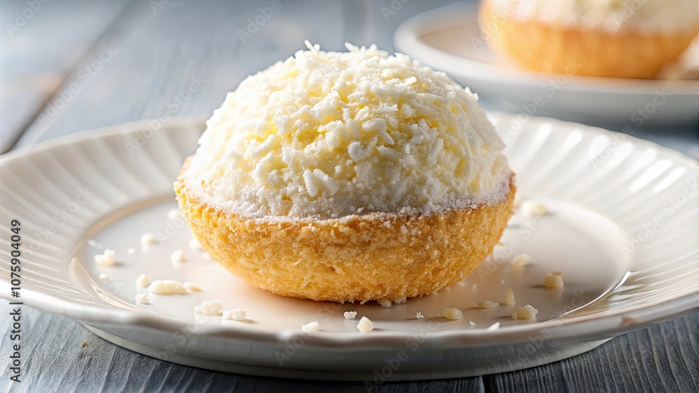 Close-up photo of a coconut-shaped dessert with a creamy filling, sprinkled with coconut flakes, on a white plate, coconut Close-up photo of a coconut-shaped dessert with a creamy filling, sprinkled with coconut flakes, on a white plate, coconut