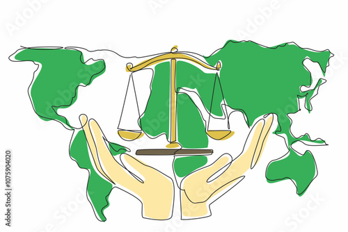 Single one line drawing two hands holding the scale on the world map background. Human effort to support justice in the world. World Day of Social Justice. Continuous line design graphic illustration