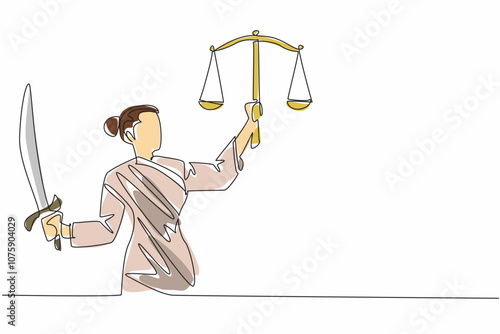 Continuous one line drawing themis holds a sword in one hand and holds scales in the other. The concept of the justice of law. World Day of Social Justice. Single line draw design vector illustration