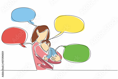 Single one line drawing the mother holding child and all around are callouts. The constant communication. Nurturing. International Mother Language Day. Continuous line design graphic illustration
