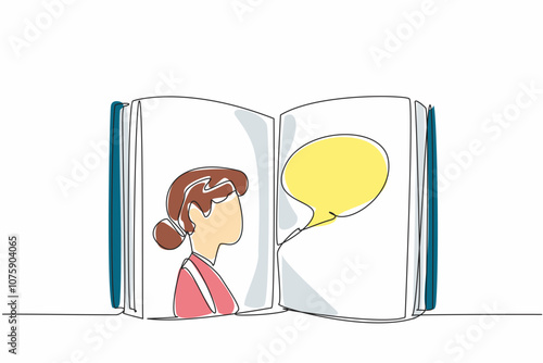 Continuous one line drawing an open book with a woman's face on one page. Connection between the reader and the author. International Mother Language Day. Single line draw design vector illustration