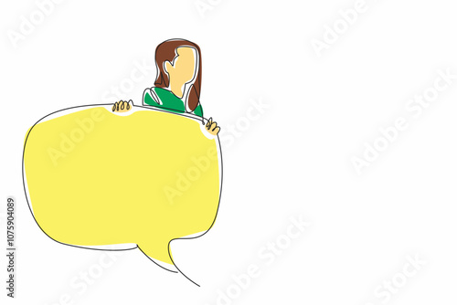 Single one line drawing adult woman emerges from behind large callout. Curiosity, mystery, and a desire to communicate. International Mother Language Day. Continuous line design graphic illustration