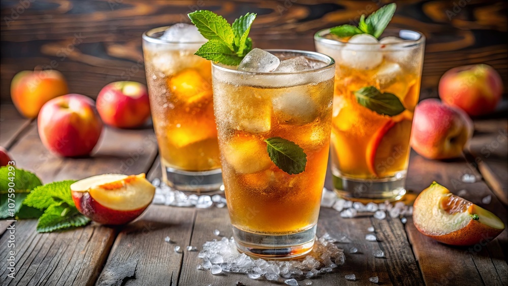 Refreshing Iced Tea with Peach Slices and Mint Garnish on a Rustic Wooden Table Refreshing Iced Tea with Peach Slices and Mint Garnish on a Rustic Wooden Table