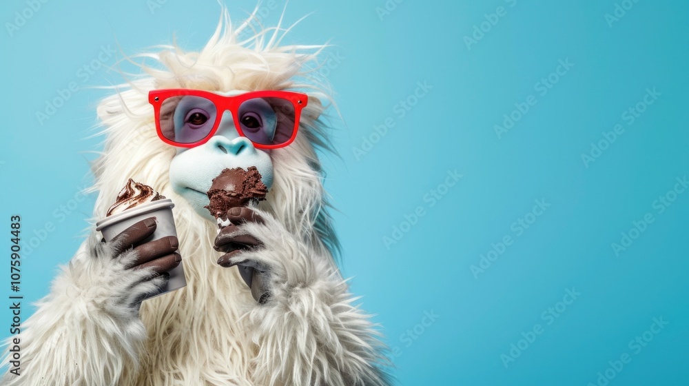 Fototapeta premium Cute Yeti with red Glasses Eating chocolate Ice Cream, AI generated image