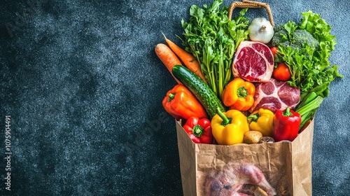 a shopping bag divided by 3 types of food: vegetables and fruits, meat and carbo hydrates photo