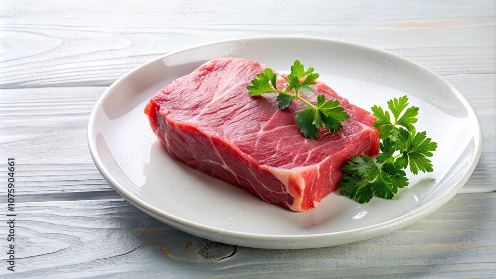 Raw meat on a white plate with parsley garnish, raw, meat, plate, food, beef, pork, lamb, poultry, fresh, uncooked, protein, red Raw meat on a white plate with parsley garnish, raw, meat, plate, food, beef, pork, lamb, poultry, fresh, uncooked, protein, red