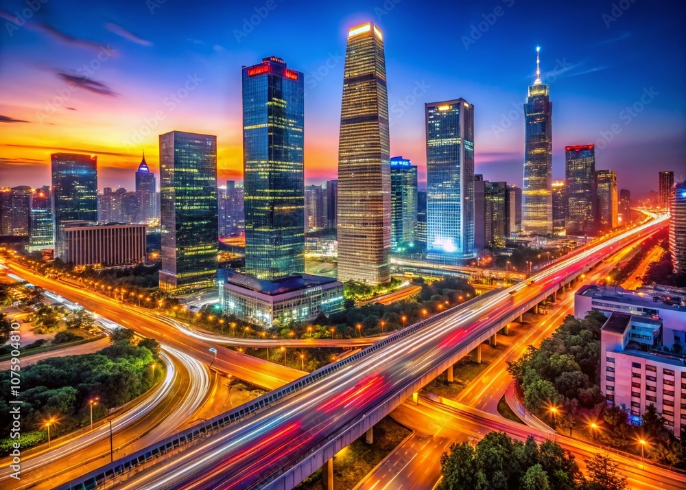 Obraz premium Stunning Night View of Beijing's Urban Landscape Featuring Illuminated Buildings and Vibrant Traffic Lights Captured in Candid Photography Style