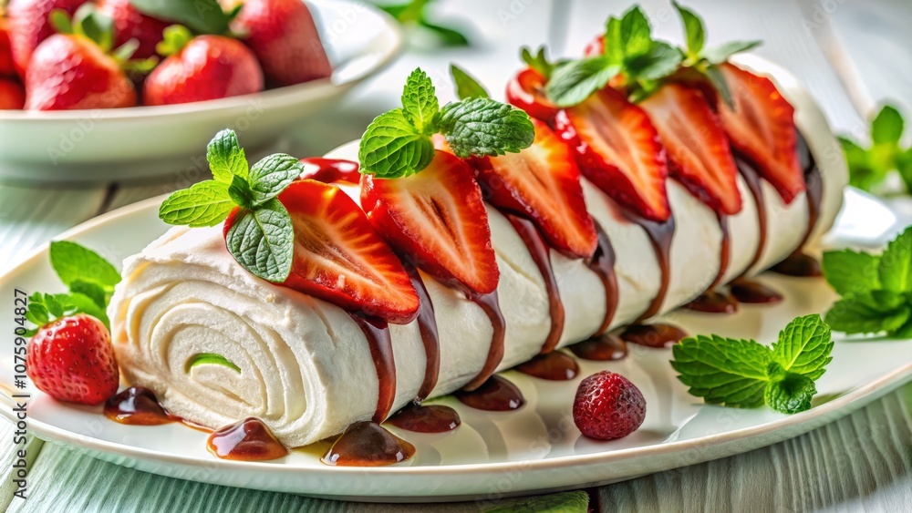 Exquisite Meringue Roll on White Plate Garnished with Fresh Strawberries, Mint Leaves, and Rich Chocolate Ganache for Culinary Delight Exquisite Meringue Roll on White Plate Garnished with Fresh Strawberries, Mint Leaves, and Rich Chocolate Ganache for Culinary Delight
