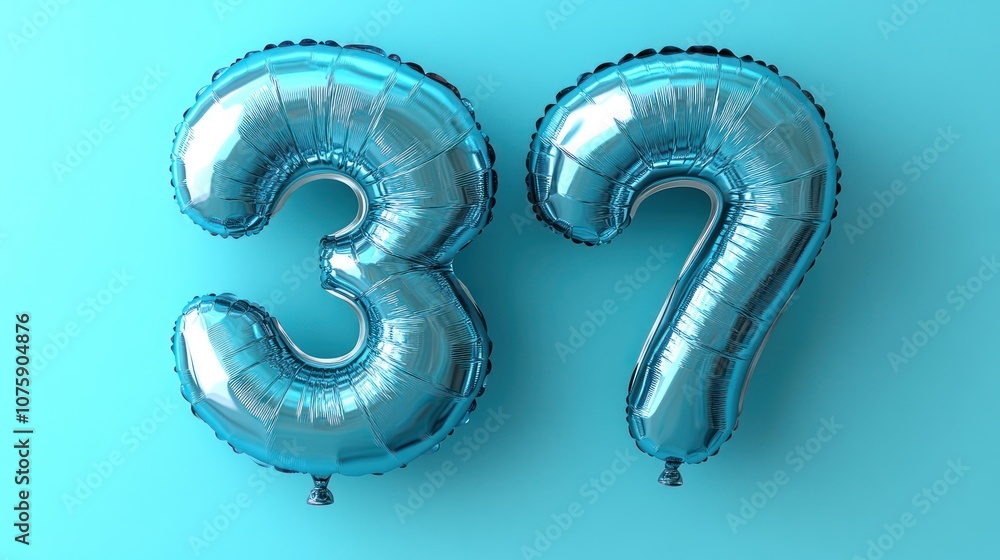 Blue number 37 balloon on a light blue background. Blue number 37 balloon on a light blue background.