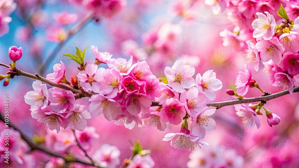 Close up photo of a blooming branch with vibrant pink cherry blossoms, blossom, branch, nature, spring, bloom, pink, flowers Close up photo of a blooming branch with vibrant pink cherry blossoms, blossom, branch, nature, spring, bloom, pink, flowers