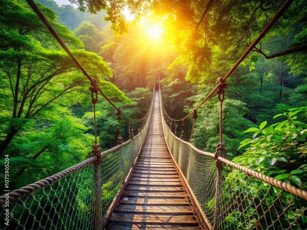 Fototapeta premium Stunning Rope Bridge in a Lush Green Forest Surrounded by Vibrant Foliage and Natural Beauty, Perfect for Adventure and Travel Enthusiasts Seeking Scenic Landscapes