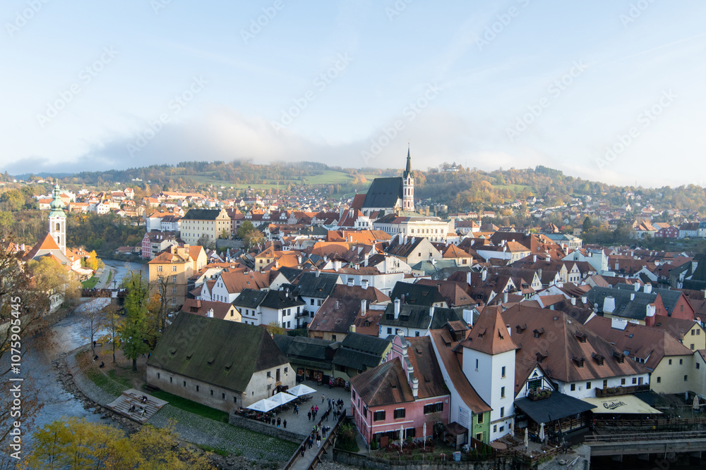 Fototapeta premium View of the lower part of the medieval city of Cesky Krumlov, Bohemia, Czech Republic