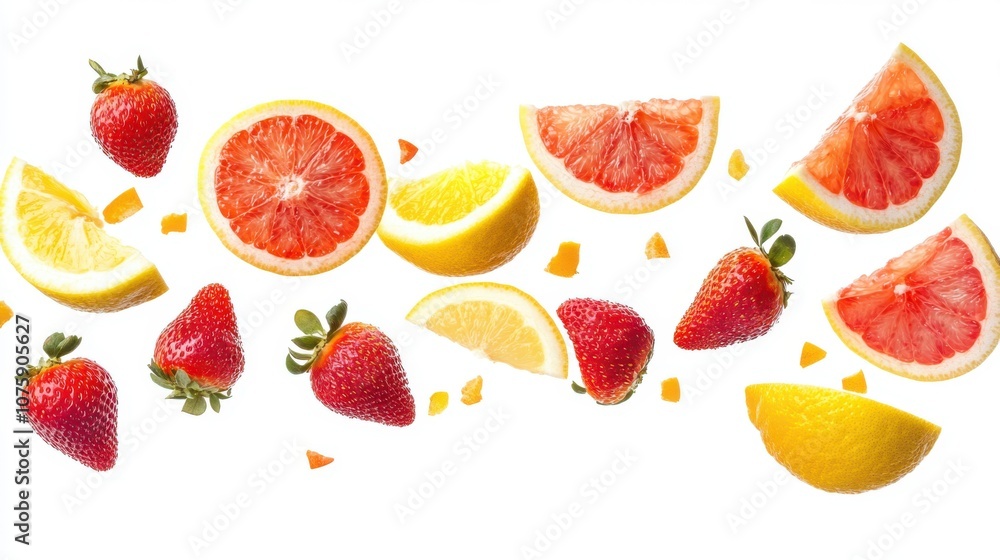 Sliced lemons, grapefruits, and strawberries soaring through the air, Sliced lemons, grapefruits, and strawberries soaring through the air,