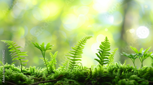 Close-up Lush Ferns on Mossy Surface with Soft Natural Light, Vibrant Greens for Eco-friendly Designs
