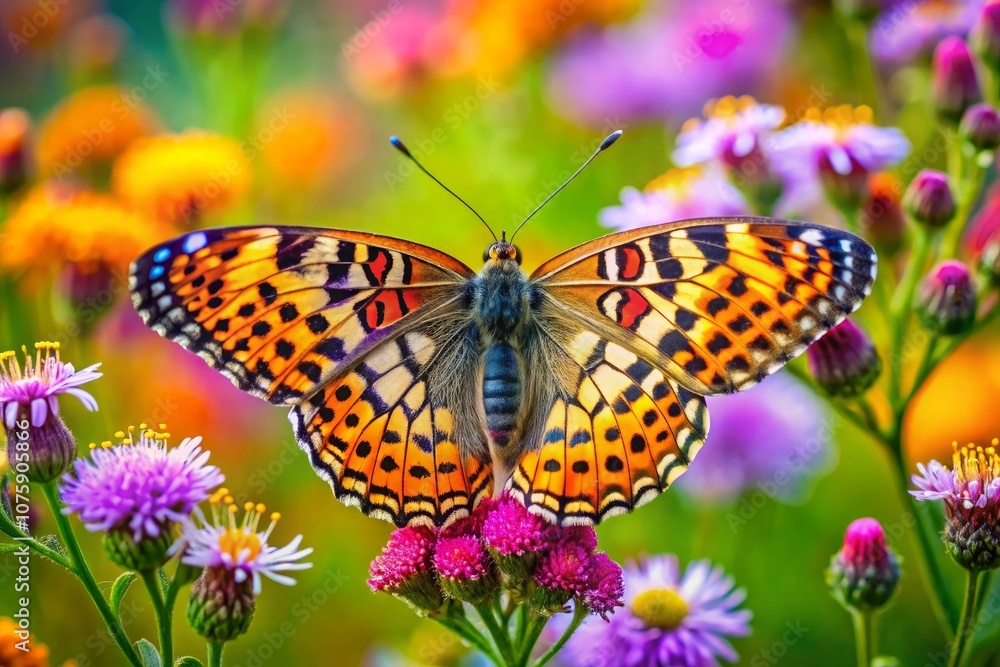 Obraz premium a butterfly with yellow and black spots is sitting on a flower