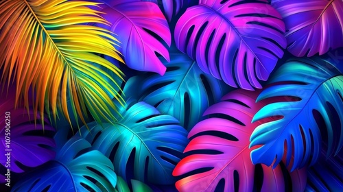 Tropical Neon Leaves Abstra...
