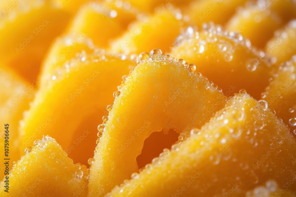 Close-up of yellow, juicy, sliced fruit with water droplets. Close-up of yellow, juicy, sliced fruit with water droplets.