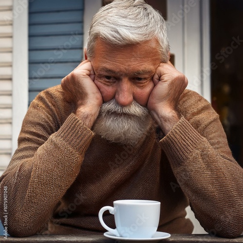 A man is sitting in front of the house, with a wrinkled expression thinking about the complexity of life's problems