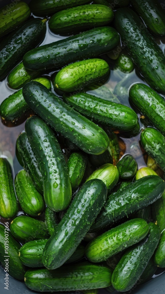 Fresh Unripe Green Cucumbers Piled Together Close-up with Moist Surface Fresh Unripe Green Cucumbers Piled Together Close-up with Moist Surface