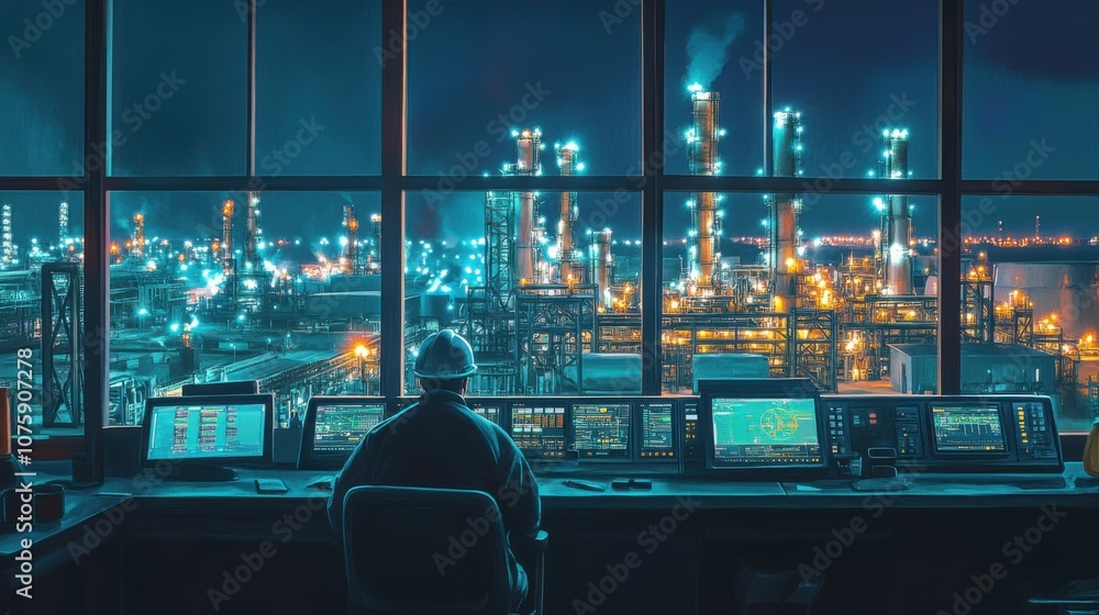 The control room of an oil refinery at night, with engineers observing The control room of an oil refinery at night, with engineers observing