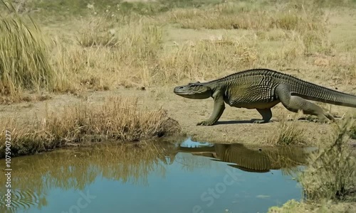 Komodo berjalan di dekat kolam  photo