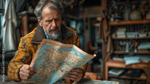 A mature man with a beard sits at a table, looking at a paper map, planning a trip or adventure.