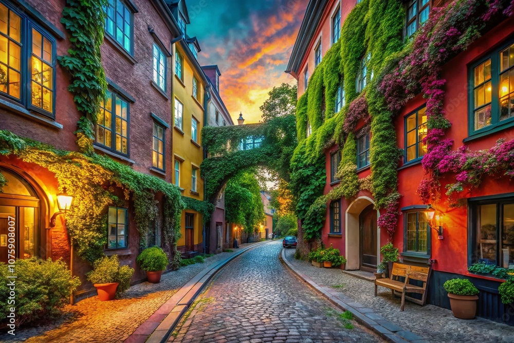 Fototapeta premium Surreal Dreamscape of Kungsportsavenyn: A Magical Blend of Urban Life and Nature's Whimsy in a Captivating Landscape Filled with Unusual Elements and Vivid Colors
