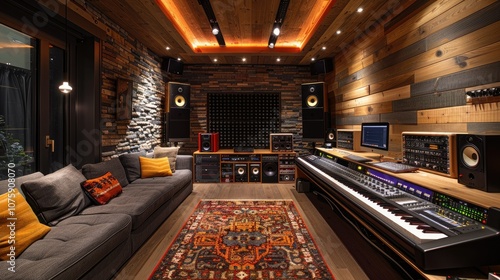 A modern home recording studio with a rustic aesthetic, featuring a large mixing console, a digital audio workstation, a comfortable sofa, and a rug.