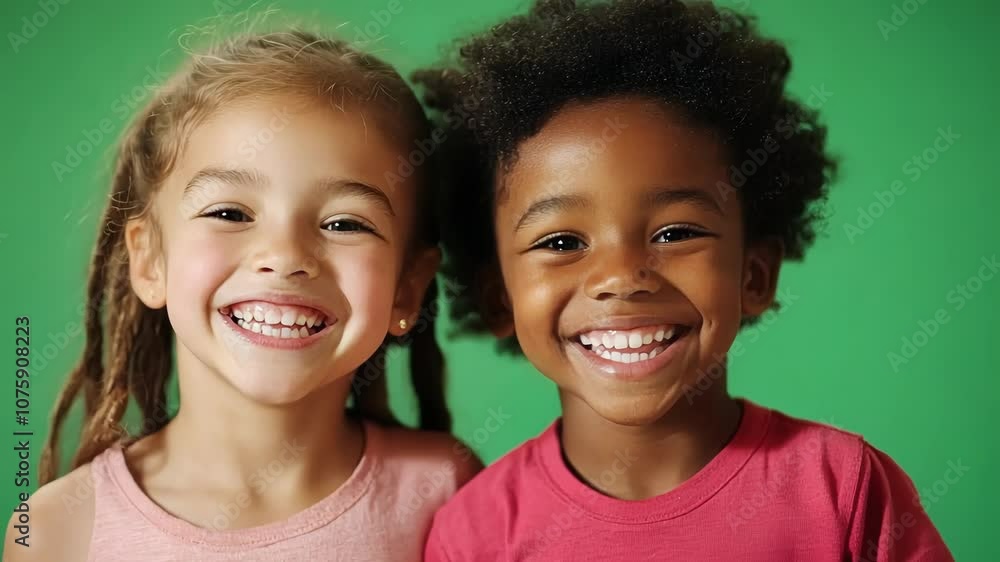 Two young children are standing together on a green screen background, smiling broadly and showing off their cheerful expressions Two young children are standing together on a green screen background, smiling broadly and showing off their cheerful expressions