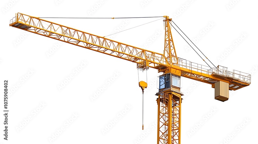 A tall yellow construction crane used for lifting materials at building sites. A tall yellow construction crane used for lifting materials at building sites.