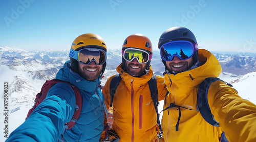 Skiing and snowboarding, a selfie of three men in suits, created on the basis of Generative AI technology.