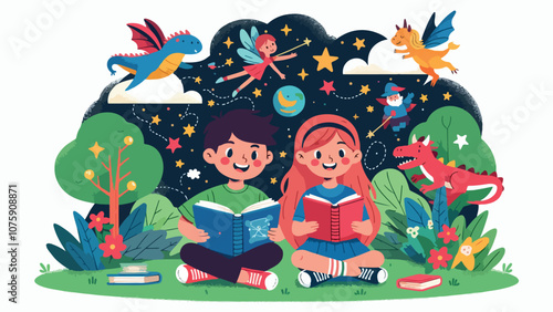 A boy and girl are reading a book in the park with happy faces, surrounded by imaginary elements from book stories, such as fairies, dragons and stars.