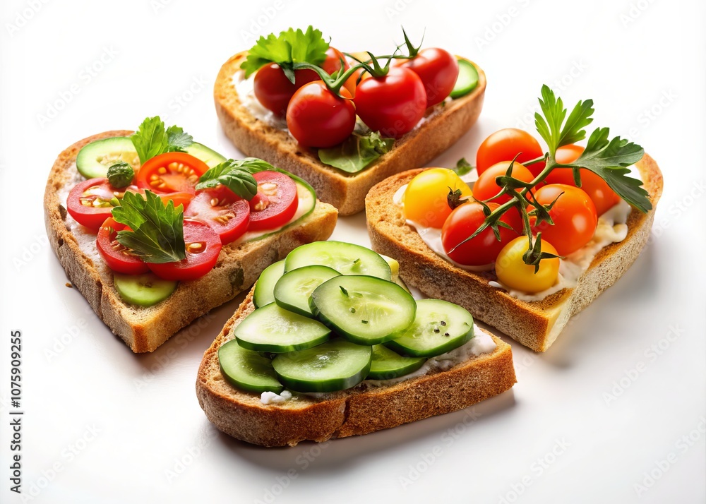 Heart-Shaped Delicious Bread Toasts Topped with Fresh Vegetables, Tomatoes, Cucumbers, Peppers, and Herbs on a Bright White Background for Culinary Inspiration Heart-Shaped Delicious Bread Toasts Topped with Fresh Vegetables, Tomatoes, Cucumbers, Peppers, and Herbs on a Bright White Background for Culinary Inspiration
