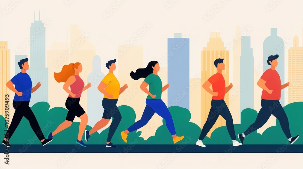 Obraz premium Diverse Group of Individuals Engaging in Outdoor Exercise and Running in a Urban Landscape