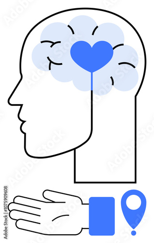 Head with brain and heart, extended hand, location marker. Ideal for mental health, emotional support, mindfulness, compassion, psychological care wellness human connection. Line metaphor