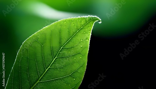 Leaf macro with dewdrops, intricate natural design, 3D illustration.