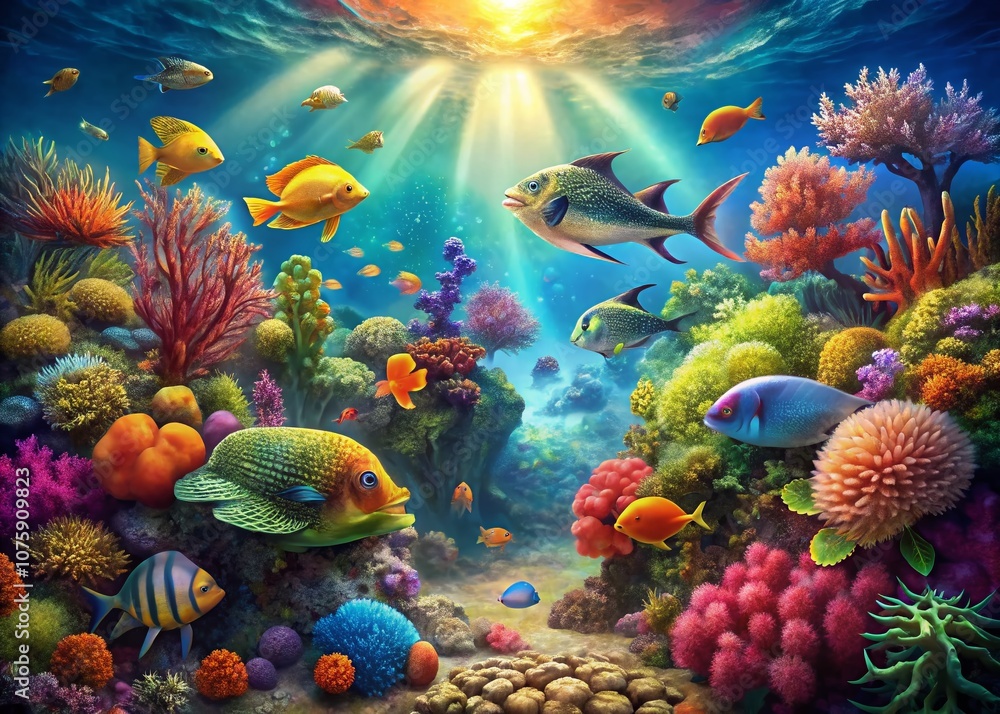 Surreal Underwater Landscape of Colorful Reef Life with Vibrant Coral, Tropical Fish, and Dreamlike Visual Effects for a Fantasy Ocean Scene Surreal Underwater Landscape of Colorful Reef Life with Vibrant Coral, Tropical Fish, and Dreamlike Visual Effects for a Fantasy Ocean Scene