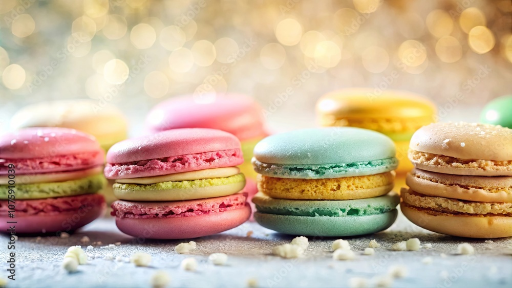 A close-up of colorful pastries arranged on a textured surface, with a blurred background of warm golden lights. A close-up of colorful pastries arranged on a textured surface, with a blurred background of warm golden lights.