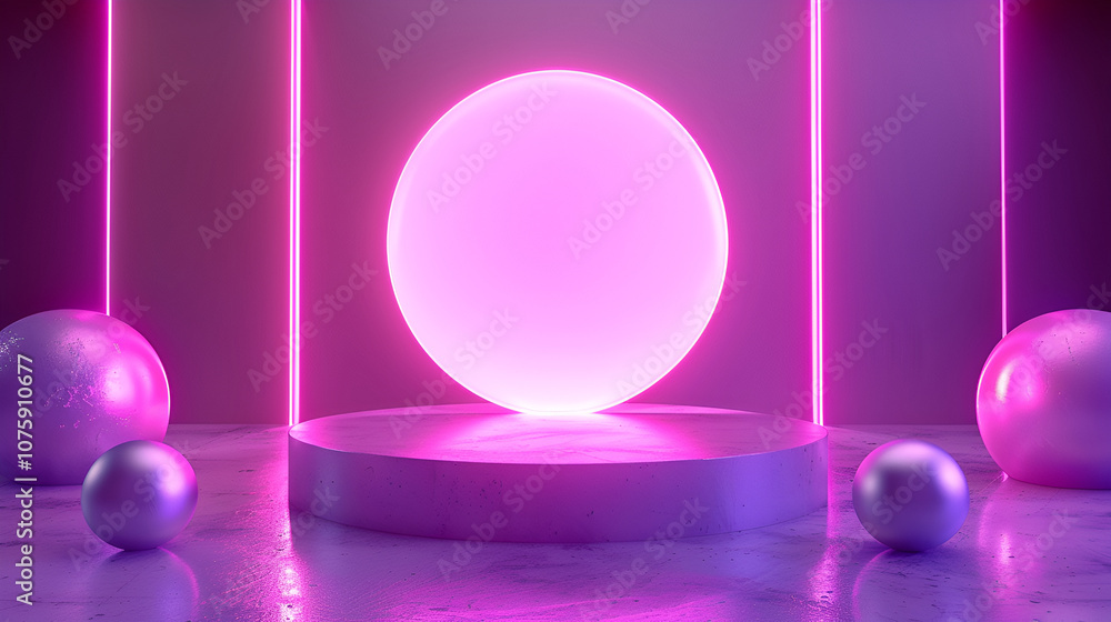 Obraz premium A sleek and modern 3D scene featuring a glowing neon ring at the center, emitting a bright pink magenta light The scene is set against a gradient backdrop with shades of deep pink and purple